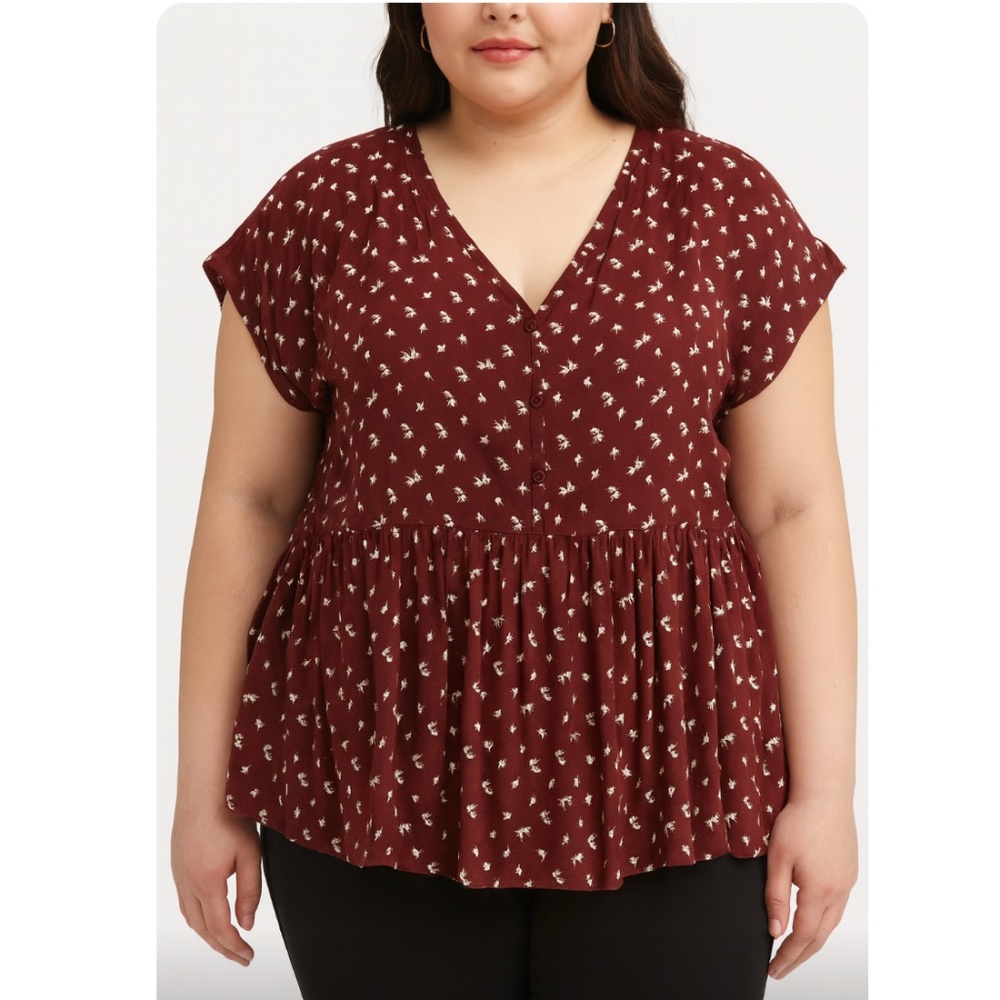 Caslon Maroon Floral‎ Baby Doll Blouse, Plus 1X